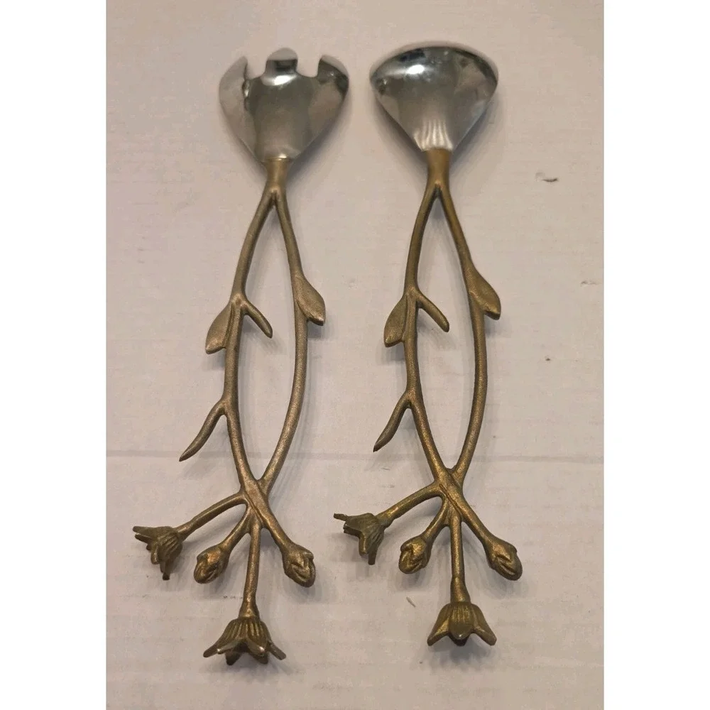 Vintage Brass Twig Salad Servers Set Stainless Steel Floral Flower Branch